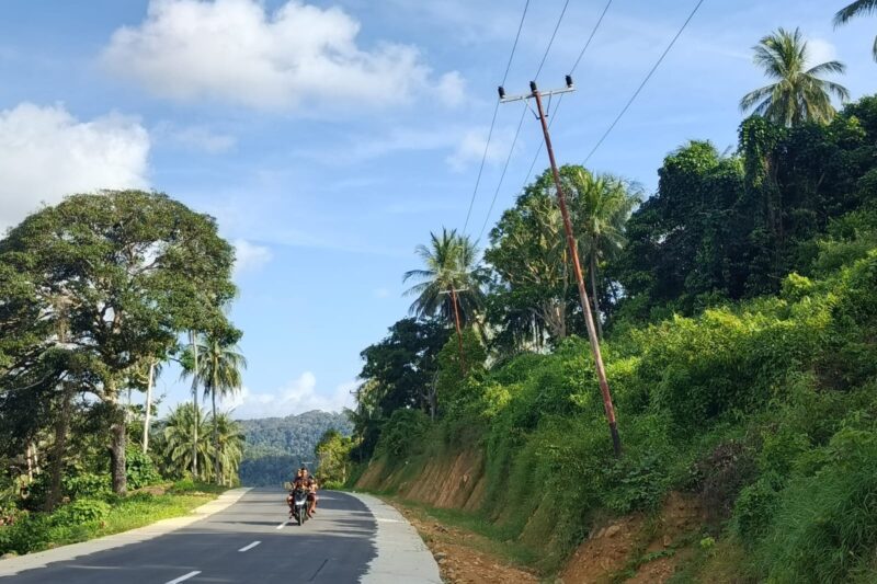 Kondisi tiang listrik yang berada di sepanjang ruas jalan terlihat miring ke arah badan jalan